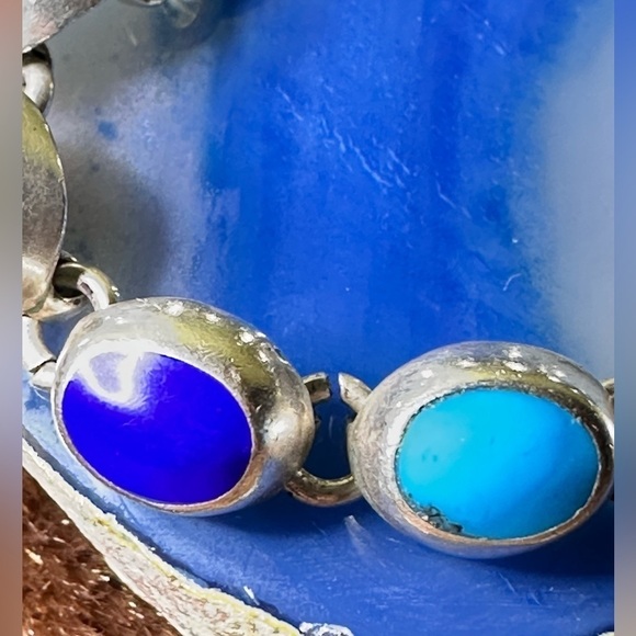 Vtg 23g Sterling Bracelet 6.5 Multi Gemstone Cabochon Onyx Lapis Coral 4127 B - Picture 5 of 12